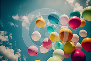 Colorful balloons on blue sky background. Retro style toned image