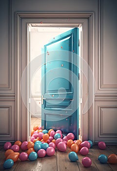 Colorful Balloons Bursting Out of an Open Blue Door in Light Beige and Pink. Perfect for Invitations and Posters.