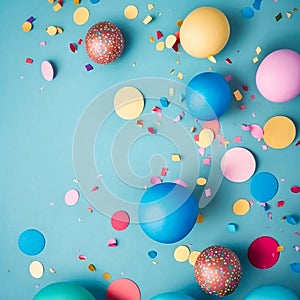 Colorful balloons and confetti on blue table, generative AI