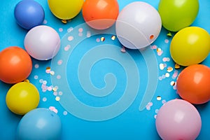 Colorful balloons and confetti on blue table top view