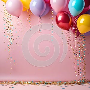 Colorful balloons and confetti on blue table top view. Festive or party background. Birthday greeting card.