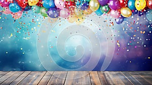 Colorful balloons and confetti celebration streamer of birthday party banner background frame template. Generative AI