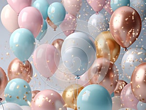 Colorful balloons and confetti - party background