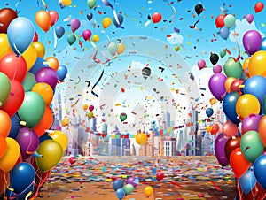 Colorful balloons and confetti - party background