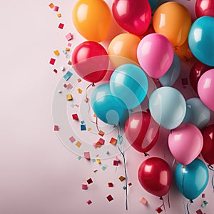 Colorful balloons and confetti on pink background. Birthday or party mockup festive greeting card