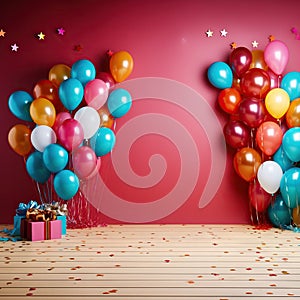 Colorful balloons and confetti on pink background. Birthday or party mockup festive greeting card