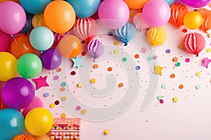 Colorful balloons and confetti on pink background. Birthday or party mockup festive greeting card