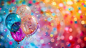 Colorful balloons and confetti on a vibrant background creating a festive and celebratory atmosphere. Perfect for parties and photo