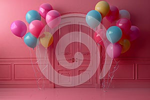 Colorful balloons decorate a pink door party supply for a fun event