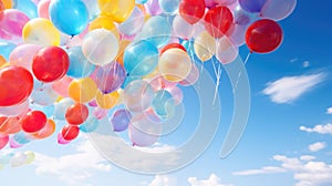Colorful balloons flying on blue sky background with copy space