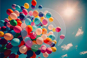 Colorful balloons flying in the blue sky with sun rays background.