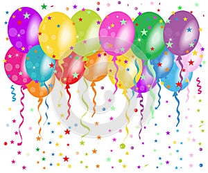 Colorful balloons greeting with confetti and stars background