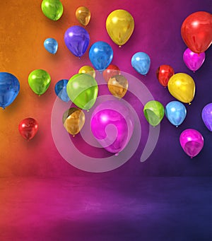 Colorful balloons group on a rainbow wall background