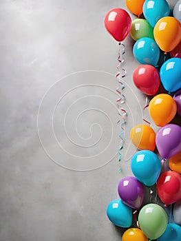 Colorful balloons hanging on grey wall. Party and celebration concept.