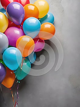 Colorful balloons hanging on grey wall. Party and celebration concept.