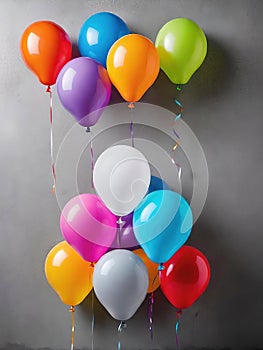 Colorful balloons hanging on grey wall. Party and celebration concept.