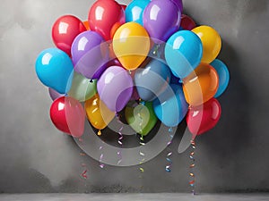 Colorful balloons hanging on grey wall. Party and celebration concept.