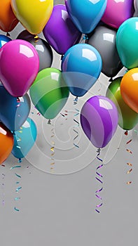 Colorful balloons hanging on grey wall. Party and celebration concept.