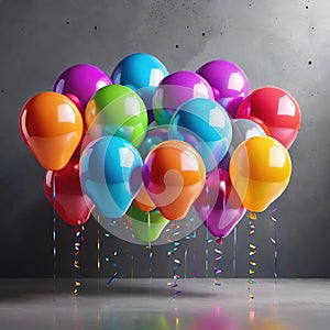 Colorful balloons hanging on grey wall. Party and celebration concept.