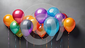 Colorful balloons hanging on grey wall. Party and celebration concept.