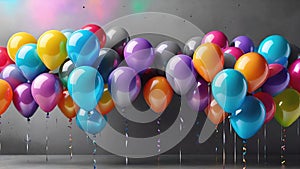 Colorful balloons hanging on grey wall. Party and celebration concept.