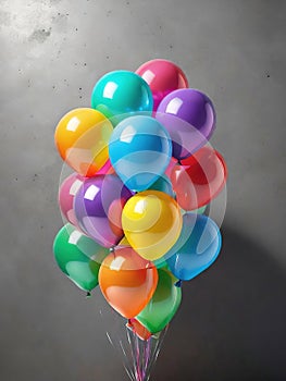 Colorful balloons hanging on grey wall. Party and celebration concept.