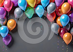 Colorful balloons hanging on grey wall. Party and celebration concept.