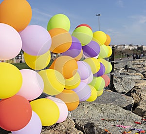 Colorful balloons hanging on the ropes on the wooden poles. It is used for balloon blast game. Close up