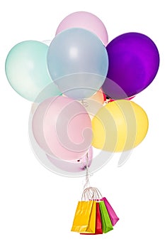 Colorful Balloons, lot of shopping bags, isolated on white