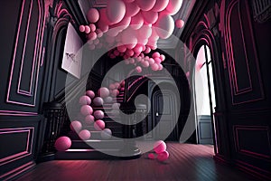 Colorful balloons in modern neon studio room