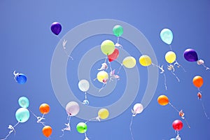 Colorful balloons with paper pigeons tied to them fly in the blue sky