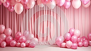 Colorful balloons in pink room prepared for birthday party