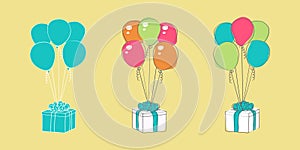 Colorful balloons and presents on a yellow background