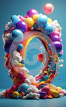 A colorful balloons rainbow and clouds party background