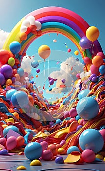 A colorful balloons rainbow and clouds party background