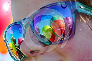 colorful balloons reflected in sunglasses of a spectator at the festival