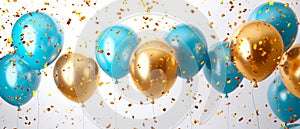 Colorful Balloons In Sky Blue And Gold, Set Against A White Backdrop