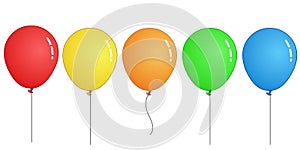 Colorful balloons. Transparent, brilliant fly red yellow orange green blue balloon. with springs shiny ballon.  Colored vector