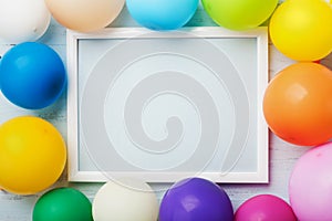 Colorful balloons and white frame on blue wooden table top view. Mockup for planning birthday or party. Flat lay style.