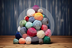 colorful balls of yarn stacked on wooden table