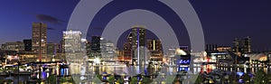 Colorful Baltimore skyline over the Inner Harbor at night