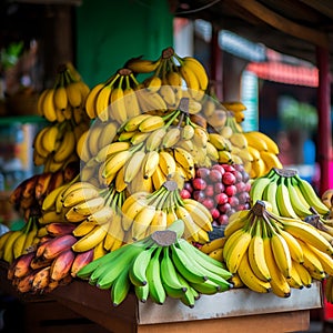 Colorful bananas in market outdoor. Generative AI