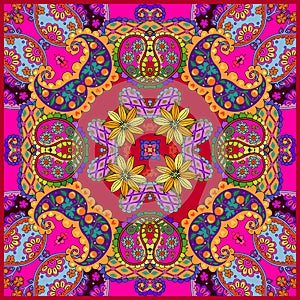 Colorful bandana print with paisley and flowers. Bright square design for scarf, kerchief. Home textile with ethnic motifs