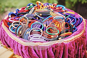 Colorful of bangles or embrace on the pink tray for indian Wedding