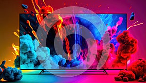 Colorful banner with explosion with smoke on monitor screen on background, ai generation