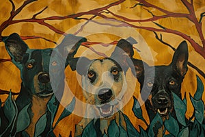 Colorful Banner with three hungry dogs. Generate Ai