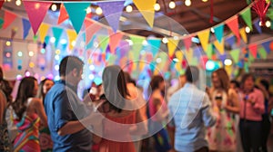 A colorful banner with the words Sober Celebrating hangs in the background as guests dance and mingle at the alcoholfree photo