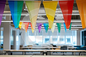 colorful banners above deserted openplan office