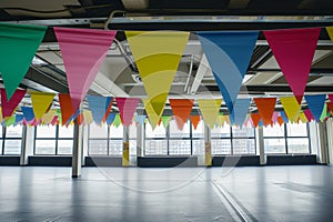 colorful banners above deserted openplan office photo