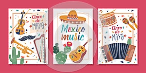 Colorful Banners With Mexican Musical Instruments, Celebrating Culture Of Mexico. Mariachi Guitar, Maracas, Trumpet